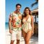 Hawaiian Couple Outfit Solid Color Jacquard Lace Tied High Cut Briefs Halter Tankini Swimsuit and Colorblock Floral Leaf Print Shirt Set - LIGHT YELLOW S | US 4