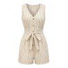 Casual Romper Striped Print V Neck Button Belt Romper - café lumière S | US 4