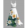 Hawaiian Vacation Dress Tropical Hibiscus Floral Leaf Print Lace Hollow Out Slit Dress - Émeraude XXXXXL | US 20