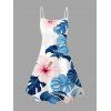 Hawaiian Vacation Dress Hibiscus Floral Monstera Leaf Print Spaghetti Strap Mini Dress - Bleu Ciel XXXXXL | US 20