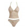 Beach Tankini Swimsuit Striped Print Textured Shell Decor Halter Vacation Swimwear Set - café lumière XL | US 10