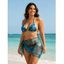 3 pcs Vacation Bikini Swimsuit Vintage Marble Print High Cut Briefs Tied Skirt Halter Swimwear Set - Paon Bleu XL | US 10