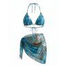 3 pcs Vacation Bikini Swimsuit Vintage Marble Print High Cut Briefs Tied Skirt Halter Swimwear Set - Paon Bleu XL | US 10
