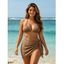 3 pcs Beach Bikini Swimsuit Solid Color Striped Textured High Cut Briefs Tied Skirt Halter Swimwear Set - marron foncé XL | US 10