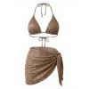 3 pcs Beach Bikini Swimsuit Solid Color Striped Textured High Cut Briefs Tied Skirt Halter Swimwear Set - marron foncé XL | US 10