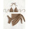 3 pcs Beach Bikini Swimsuit Solid Color Striped Textured High Cut Briefs Tied Skirt Halter Swimwear Set - marron foncé XL | US 10