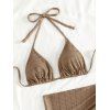 3 pcs Beach Bikini Swimsuit Solid Color Striped Textured High Cut Briefs Tied Skirt Halter Swimwear Set - marron foncé XL | US 10