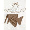3 pcs Beach Bikini Swimsuit Solid Color Striped Textured High Cut Briefs Tied Skirt Halter Swimwear Set - marron foncé XL | US 10