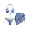 3 pcs Beach Bikini Swimsuit Vintage Floral Leaf Print Tied High Cut Briefs Skirt Halter Swimwear Set - Bleu profond M | US 6