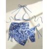 3 pcs Beach Bikini Swimsuit Vintage Floral Leaf Print Tied High Cut Briefs Skirt Halter Swimwear Set - Bleu profond M | US 6