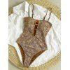 Bohemian One-piece Swimsuit Textured Leaf Print Cut Out Spaghetti Strap Beach Swimwear - marron foncé XL | US 10