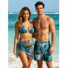 Hawaiian Vacation Couple Outfit Marble Print Tied Skirt Halter Bikini Swimsuit and Tie Dye Drawstring Shorts - Paon Bleu S | US 4