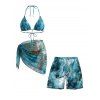Hawaiian Vacation Couple Outfit Marble Print Tied Skirt Halter Bikini Swimsuit and Tie Dye Drawstring Shorts - Paon Bleu S | US 4