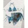 Hawaiian Vacation Couple Outfit Marble Print Tied Skirt Halter Bikini Swimsuit and Tie Dye Drawstring Shorts - Paon Bleu S | US 4
