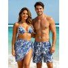 Hawaiian Couple Outfit Vintage Porcelain Floral Leaf Print Tied Skirt Halter Bikini Swimsuit and Drawstring Shorts Set - Bleu profond S | US 4