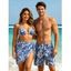 Hawaiian Couple Outfit Vintage Porcelain Floral Leaf Print Tied Skirt Halter Bikini Swimsuit and Drawstring Shorts Set - Bleu profond S | US 4