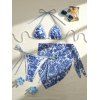 Hawaiian Couple Outfit Vintage Porcelain Floral Leaf Print Tied Skirt Halter Bikini Swimsuit and Drawstring Shorts Set - Bleu profond S | US 4