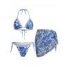 Hawaiian Couple Outfit Vintage Porcelain Floral Leaf Print Tied Skirt Halter Bikini Swimsuit and Drawstring Shorts Set - Bleu profond S | US 4