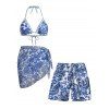 Hawaiian Couple Outfit Vintage Porcelain Floral Leaf Print Tied Skirt Halter Bikini Swimsuit and Drawstring Shorts Set - Bleu profond S | US 4