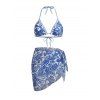 Hawaiian Couple Outfit Vintage Porcelain Floral Leaf Print Tied Skirt Halter Bikini Swimsuit and Drawstring Shorts Set - Bleu profond S | US 4