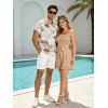 Vacation Couple Outfit Solid Color Smocked Ruffle Off the Shoulder Belt Romper and Tropical Botanical Leaf Print Shirt Set - café lumière S | US 4