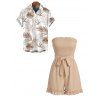 Vacation Couple Outfit Solid Color Smocked Ruffle Off the Shoulder Belt Romper and Tropical Botanical Leaf Print Shirt Set - café lumière S | US 4