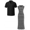 Vacation Couple Outfit Bodycon Dress Striped Print Cape Shoulder Maxi Dress and Hollow Out Shirt Set - Noir S | US 4