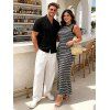 Vacation Couple Outfit Bodycon Dress Striped Print Cape Shoulder Maxi Dress and Hollow Out Shirt Set - Noir S | US 4