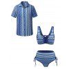 Vacation Bohemian Couple Outfit Ethnic Style Zig Zag Striped Print Lace Up Swimsuit and Shirt Set - Bleu Marine S | US 4