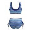 Vacation Bohemian Couple Outfit Ethnic Style Zig Zag Striped Print Lace Up Swimsuit and Shirt Set - Bleu Marine S | US 4