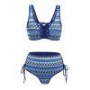 Vacation Bohemian Couple Outfit Ethnic Style Zig Zag Striped Print Lace Up Swimsuit and Shirt Set - Bleu Marine S | US 4