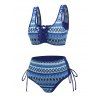 Vacation Bohemian Couple Outfit Ethnic Style Zig Zag Striped Print Lace Up Swimsuit and Shirt Set - Bleu Marine S | US 4