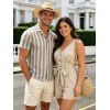 Casual Couple Outfit Striped Print V Neck Button Belt Romper and Textured Shirt Set - café lumière S | US 4