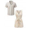 Casual Couple Outfit Striped Print V Neck Button Belt Romper and Textured Shirt Set - café lumière S | US 4