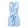 Casual Romper Striped Print V Neck Button Belt Romper - Bleu Ciel XL | US 12