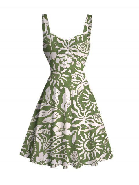 Hawaiian Dress Sun Moon Tropical Floral Leaf Botanical Print Ruched Bust Mini Dress