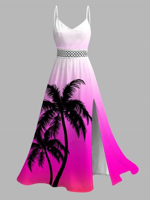 Hawaiian Vacation Dress Coconut Tree Print Ombre Lace Hollow Out Slit Dress