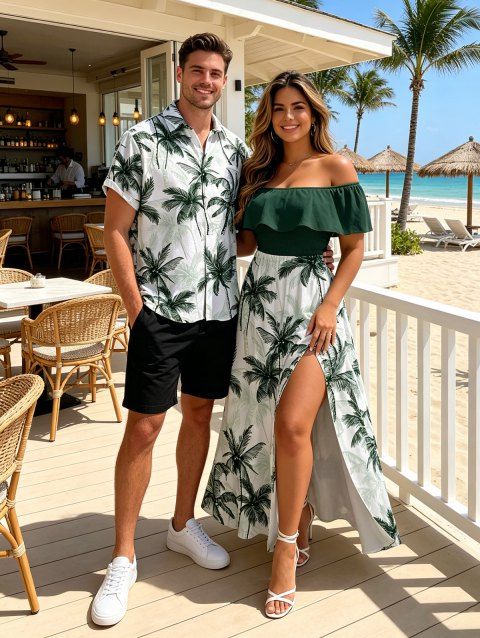Vacation Couple Outfit Colorblock Coconut Tree Print Flounce Smocked Slit Dress and Shirt Set