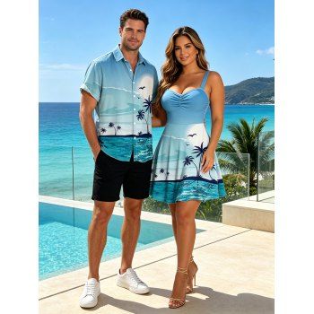 Beach Vacation Couple Outfit Coconut Tree Print Ruched Mini Dress and Shirt Set