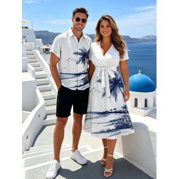 Vacation Couple Outfit Coconut Tree Beach Landscape Pattern Belt Dress and Button Up Shirt Beach Matching Outfit