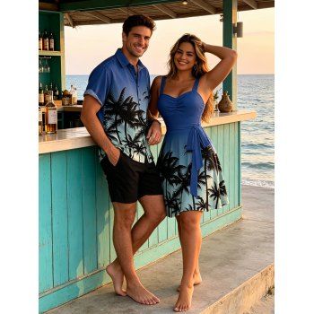 Vacation Couple Outfit Ombre Palm Tree Pattern Ruched Bust Belt Sweetheart Neck Dress and Button Up Shirt Casual Matching Outfit