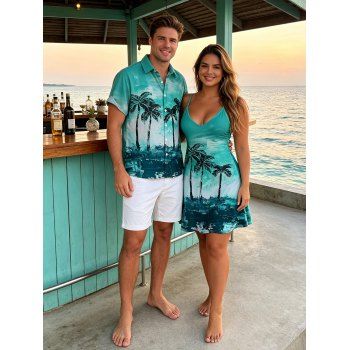 Palm Tree Beach Painting Print A Line V Neck Mini Vacation Dress And Short Sleeve Shirt Matching Outfit