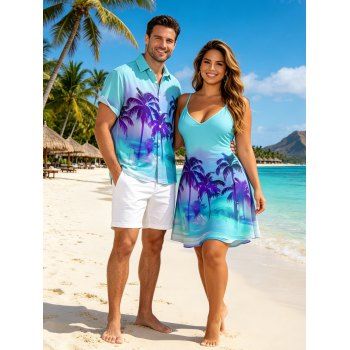 Ombre Palm Tree Print Hawaii Vacation Spaghetti Strap V Neck Mini Dress And Short Sleeve Shirt Matching Outfit