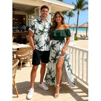 Vacation Couple Outfit Colorblock Coconut Tree Print Flounce Smocked Slit Dress and Shirt Set