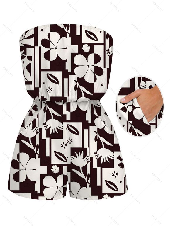Vacation Romper Contrast Color Flower Geometric Print Pocket Off the Shoulder Romper - marron foncé XXL | US 14