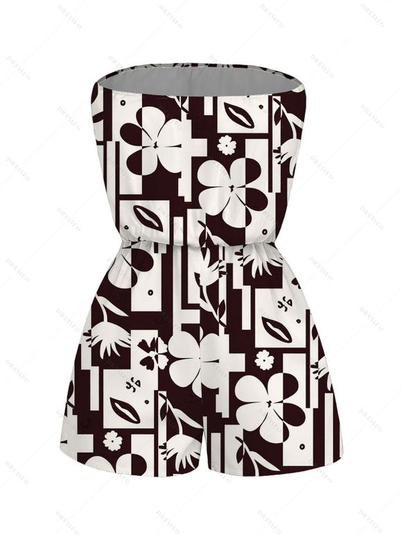 Vacation Romper Contrast Color Flower Geometric Print Pocket Off the Shoulder Romper - marron foncé XXL | US 14