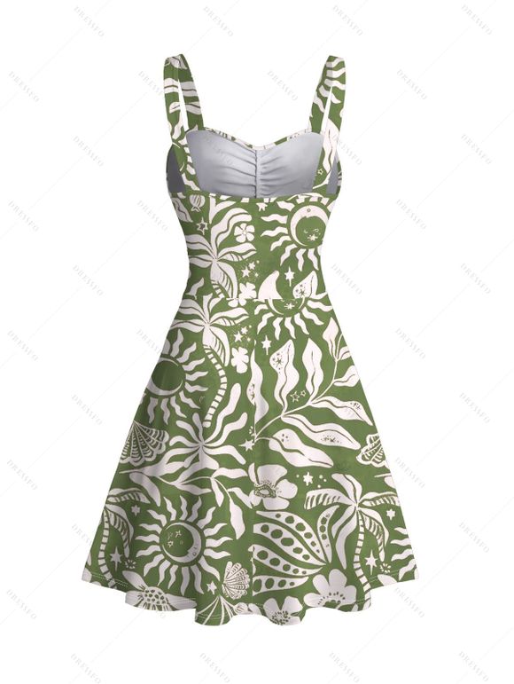 Hawaiian Dress Sun Moon Tropical Floral Leaf Botanical Print Ruched Bust Mini Dress - Olive Verte XXXXXL | US 20