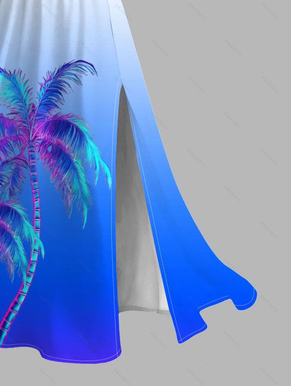 Hawaiian Vacation Dress Coconut Tree Print Ombre Lace Hollow Out Slit Dress - Bleu S | US 4