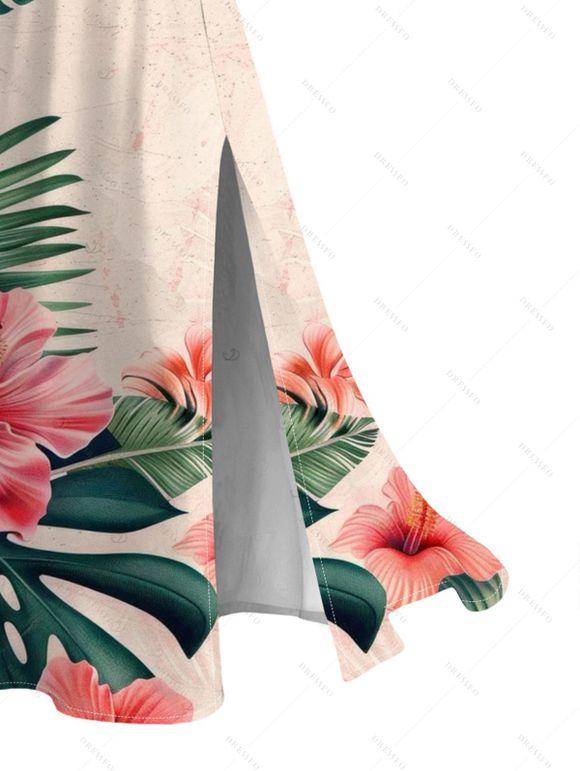 Vacation Hawaiian Dress Hibiscus Floral Tropical Leaf Print Lace Hollow Out Slit Dress - Rose clair XXXXXL | US 20