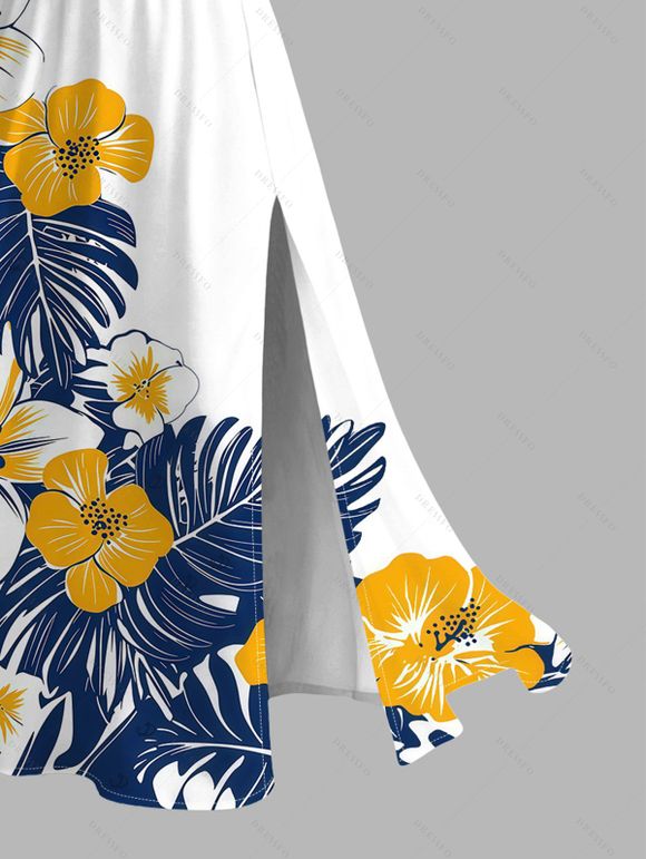 Hawaiian Vacation Dress Colorblock Hibiscus Floral Tropical Leaf Print Lace Hollow Out Slit Dress - Blanc XXXXL | US 18
